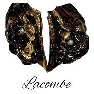 Vintage Lacombe 1980 Women's Iridescent Ceramic Lock Back Earrings Gold Black